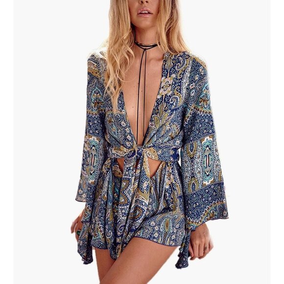 Boho Blue Paisley Printed V-Neck Tie Waist Cut Out Romper Playsuit Dress - Picture 3 of 7